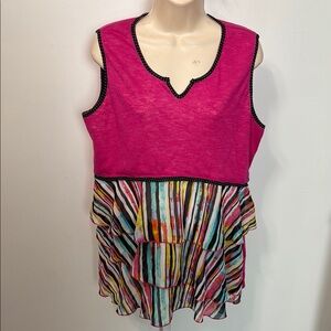 Zoe Pink and Multicolor Sleeveless Top Baby Doll Ruffles Size L Y2K